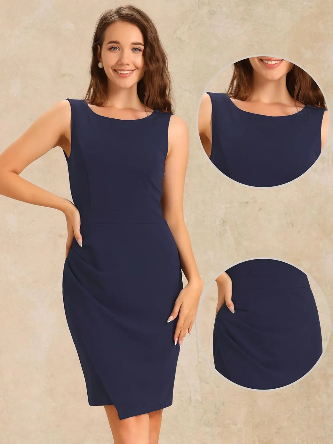 Allegra K Business Casual Dress for Women's Boat Neck Sleeveless Ruched Office Summer Pencil Dresses