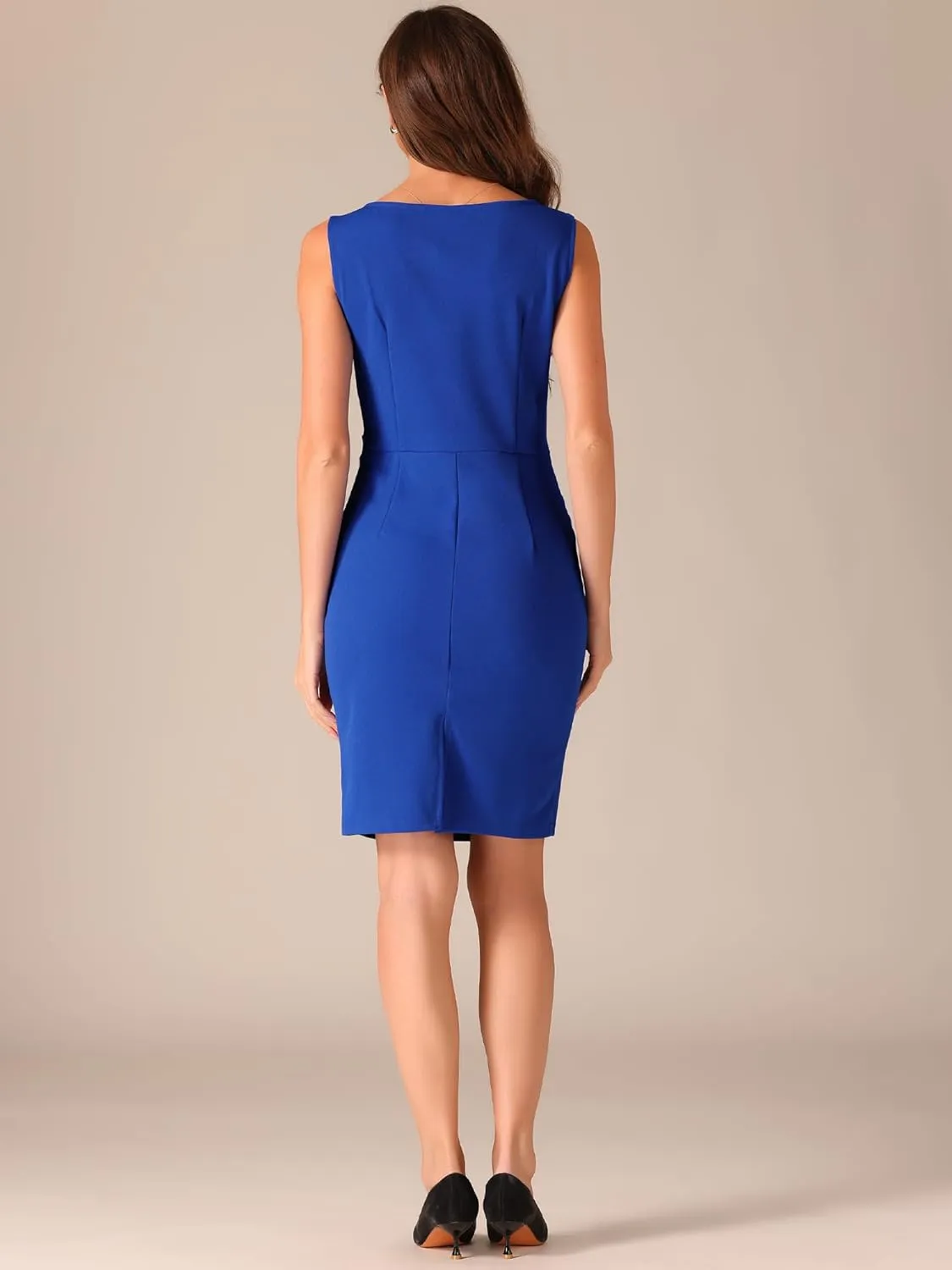Allegra K Business Casual Dress for Women's Boat Neck Sleeveless Ruched Office Summer Pencil Dresses
