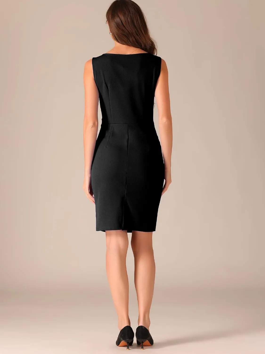 Allegra K Business Casual Dress for Women's Boat Neck Sleeveless Ruched Office Summer Pencil Dresses