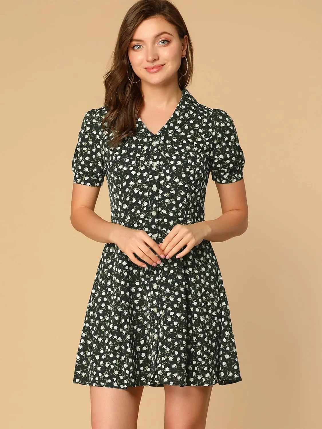 Allegra K Women's Floral Shirt Dress 2024 V Neck Short Sleeve Button Front Shirtdress Summer Dresses