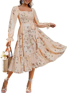 Amegoya Women's Boho Flowy Long Sleeve Square Neck Floral Midi Dress Smocked Spring Fall Wedding Guest Dresses
