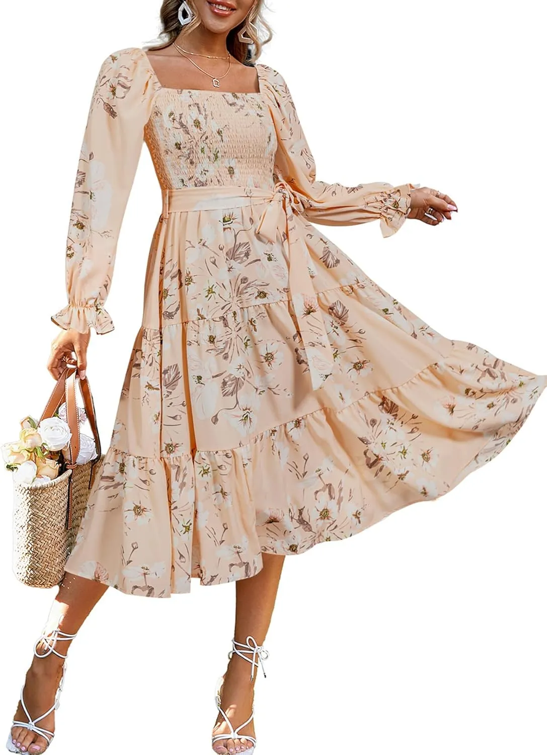 Amegoya Women's Boho Flowy Long Sleeve Square Neck Floral Midi Dress Smocked Spring Fall Wedding Guest Dresses