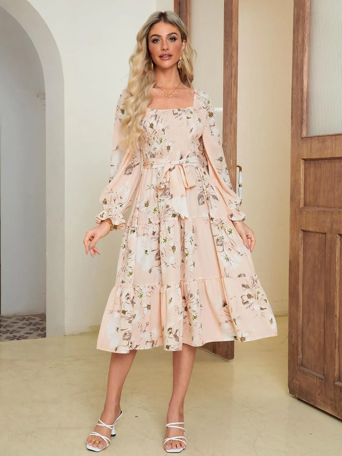 Amegoya Women's Boho Flowy Long Sleeve Square Neck Floral Midi Dress Smocked Spring Fall Wedding Guest Dresses