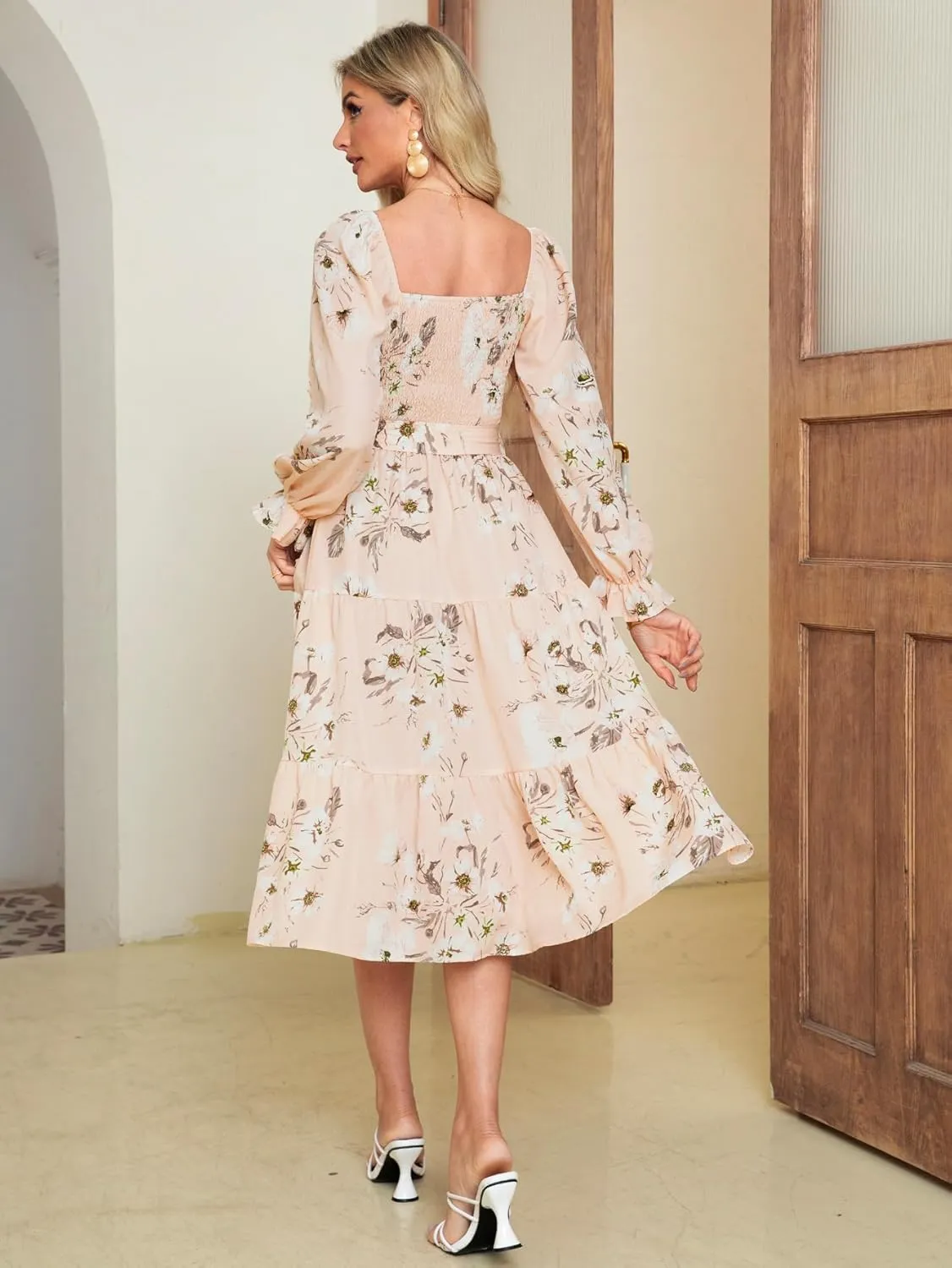 Amegoya Women's Boho Flowy Long Sleeve Square Neck Floral Midi Dress Smocked Spring Fall Wedding Guest Dresses