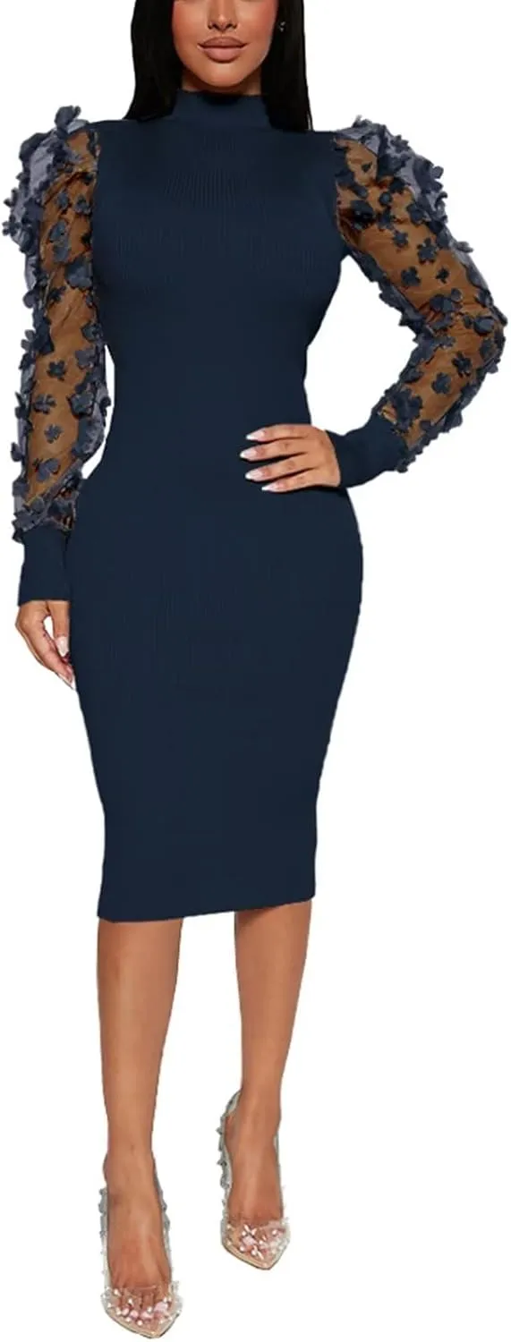 Annystore Women's Elegant Mock Neck Sheer Long Sleeve Mesh Bodycon Dress Ribbed Club Party Pencil Midi Dresses Clubwear