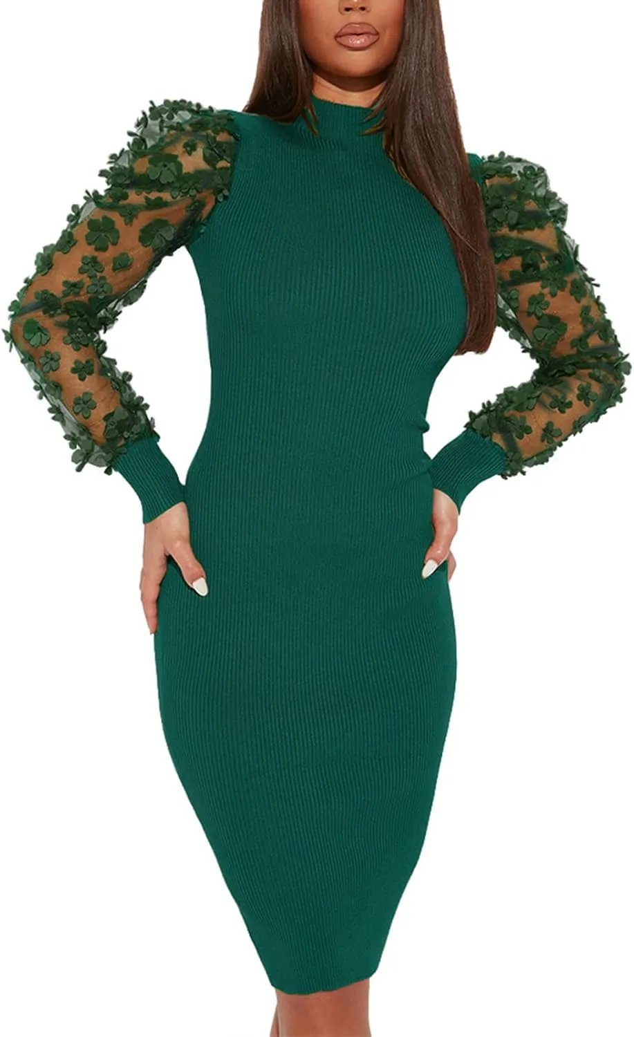 Annystore Women's Elegant Mock Neck Sheer Long Sleeve Mesh Bodycon Dress Ribbed Club Party Pencil Midi Dresses Clubwear