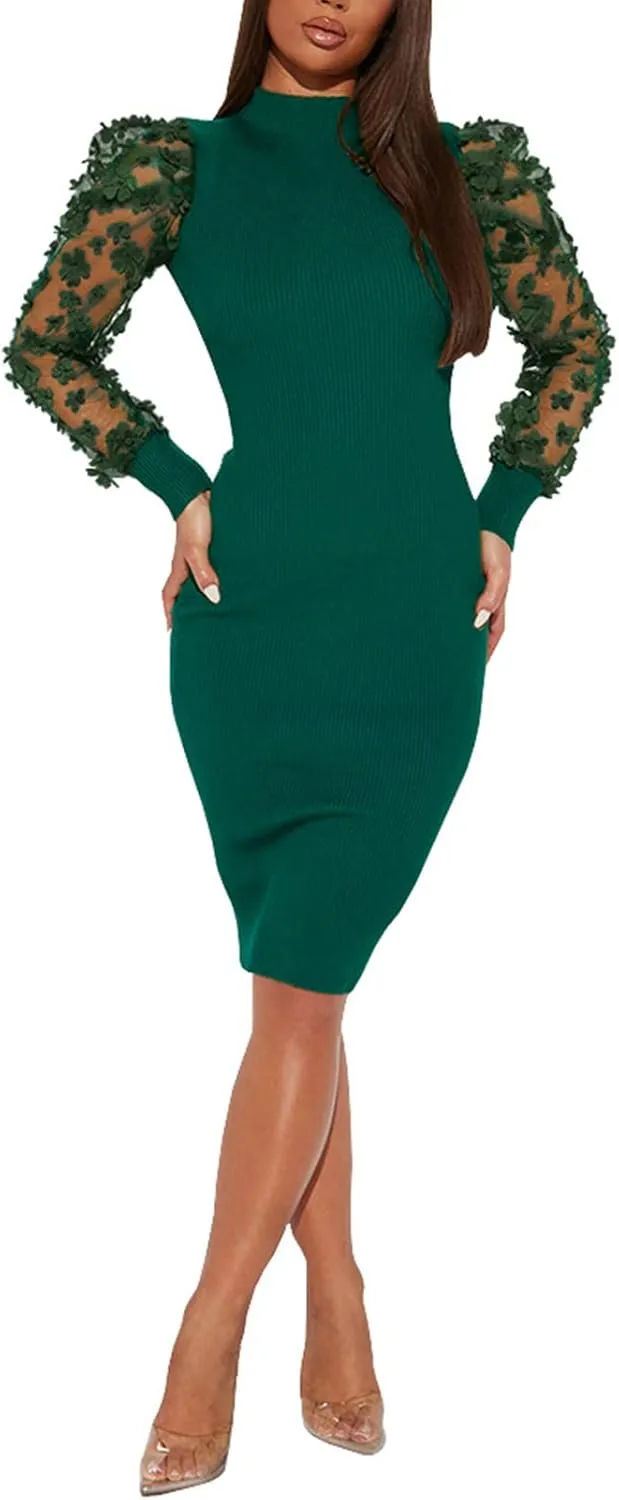 Annystore Women's Elegant Mock Neck Sheer Long Sleeve Mesh Bodycon Dress Ribbed Club Party Pencil Midi Dresses Clubwear