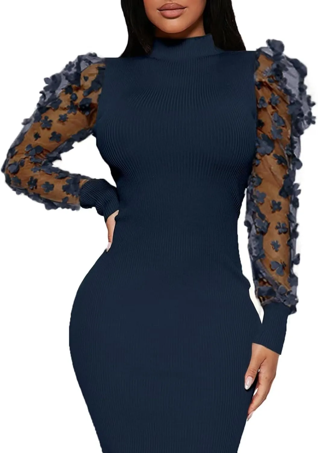 Annystore Women's Elegant Mock Neck Sheer Long Sleeve Mesh Bodycon Dress Ribbed Club Party Pencil Midi Dresses Clubwear