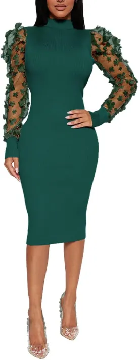 Annystore Women's Elegant Mock Neck Sheer Long Sleeve Mesh Bodycon Dress Ribbed Club Party Pencil Midi Dresses Clubwear