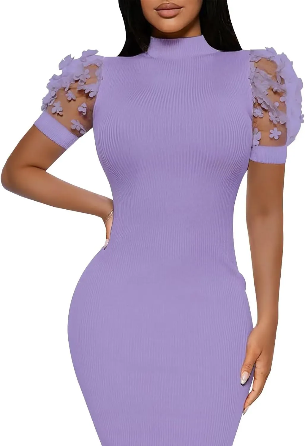 Annystore Women's Mesh See Through Sheer Dress Short Puff Sleeve Bodycon Dress Mock Neck Sexy Club Party Midi Dress Clubwear