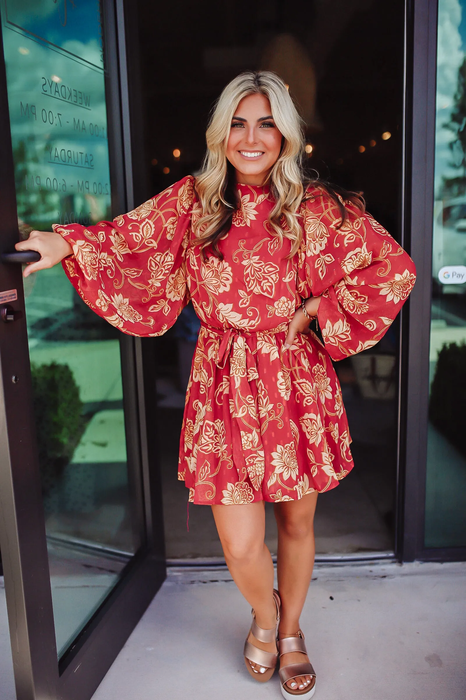 Berry Beautiful Floral Balloon Sleeve Dress