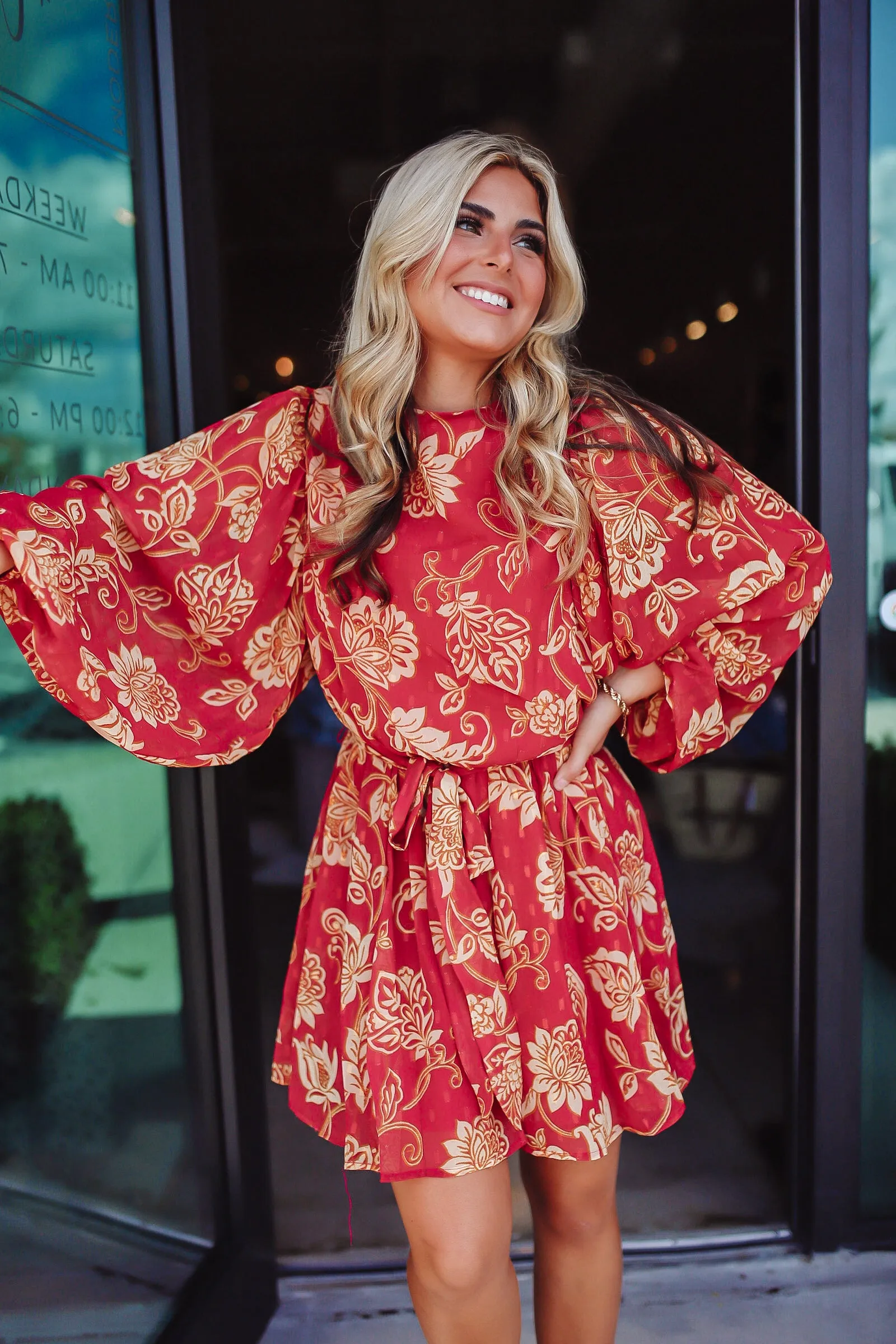 Berry Beautiful Floral Balloon Sleeve Dress
