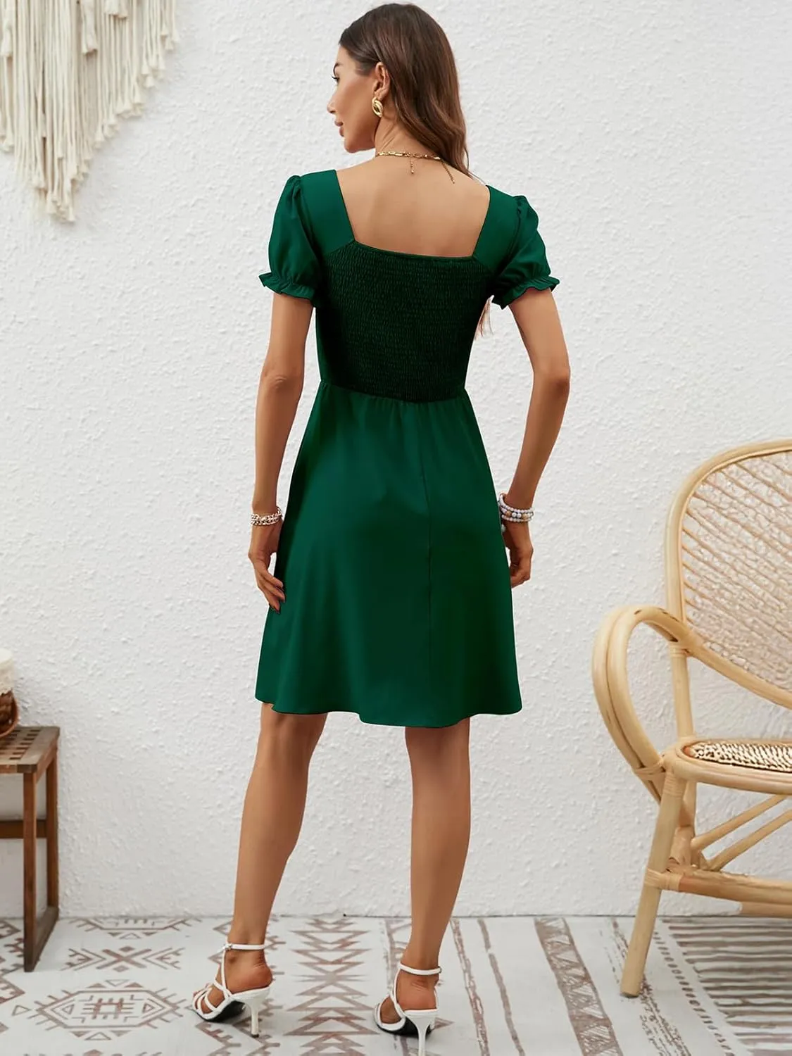 Berydress Women's Summer Dresses 2025 Pockets Short Sleeve Square Neck Flowy A Line Casual Boho Smocked Mini Sun Dress