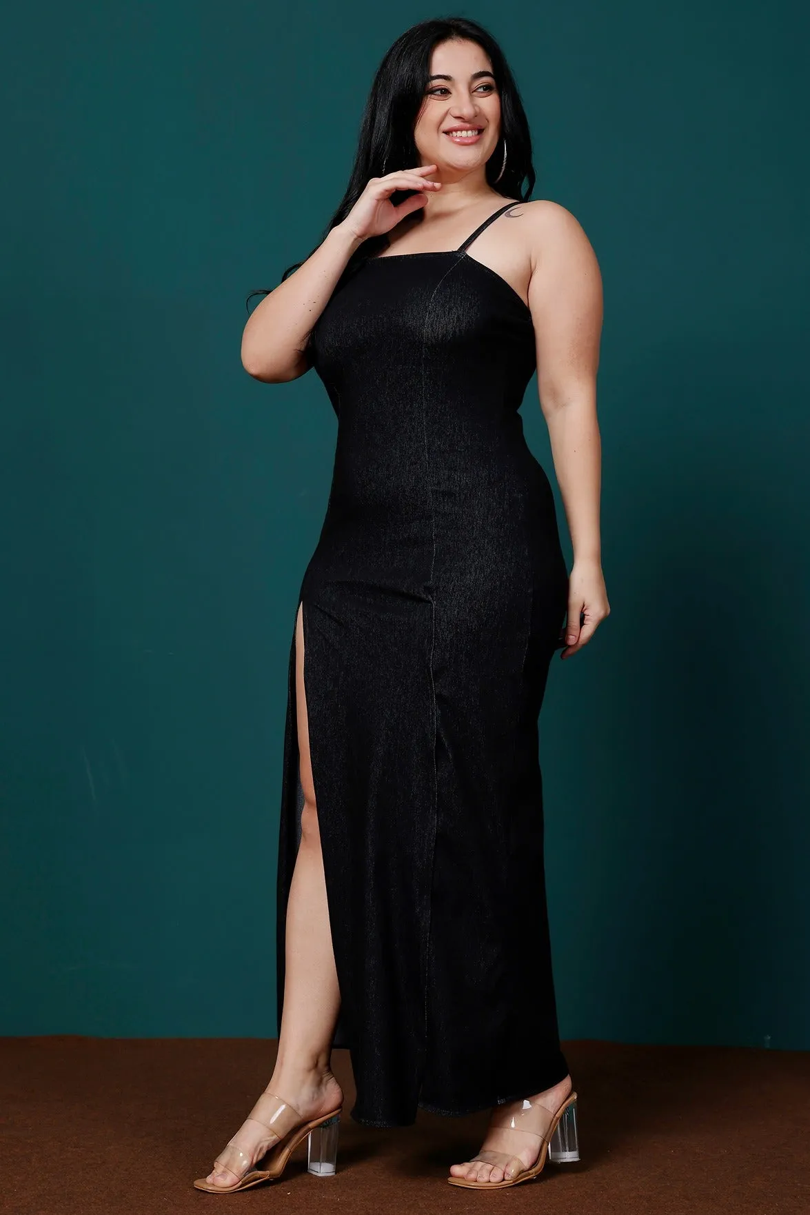 Black Solid Maxi Dress with Side Thigh Slit