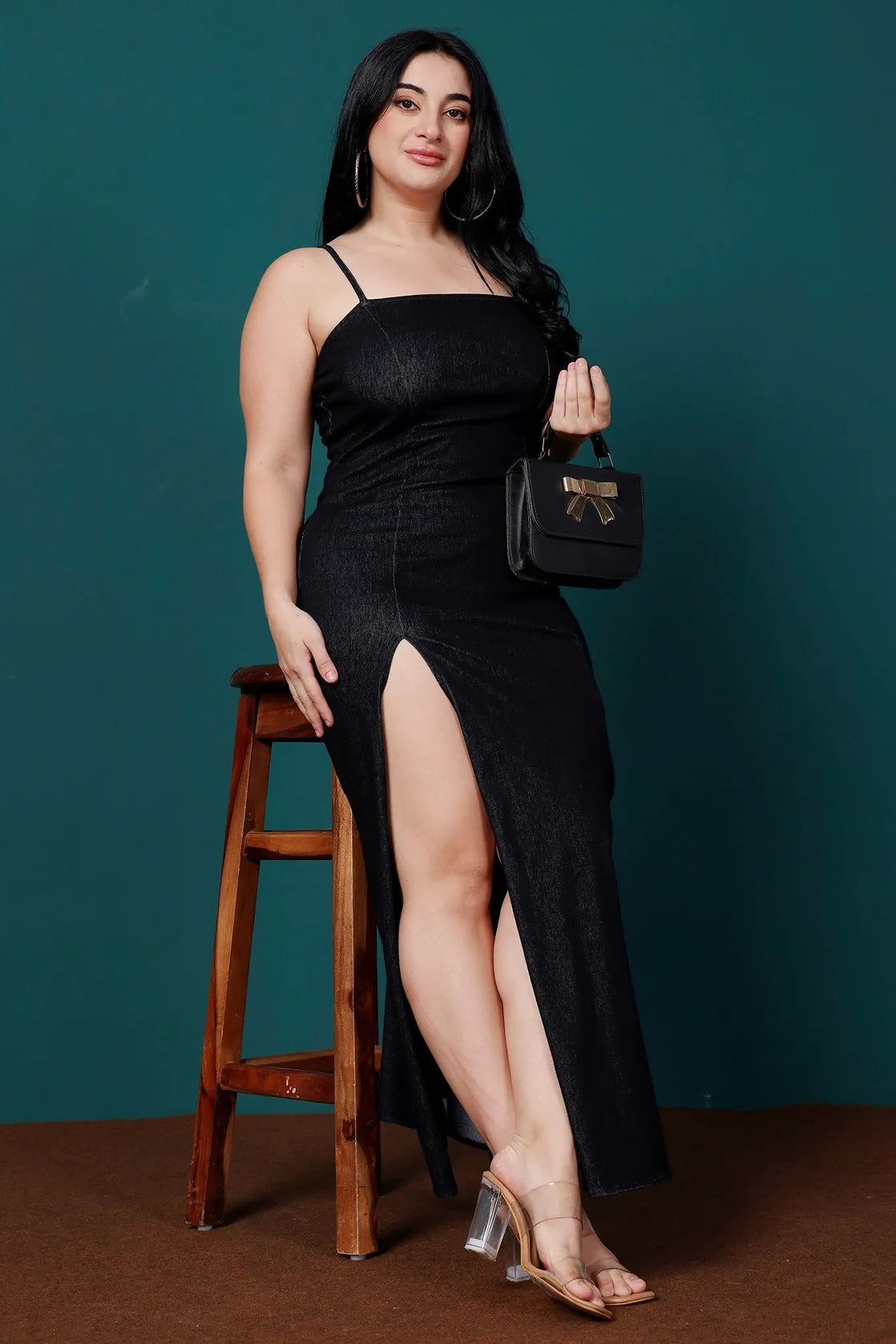 Black Solid Maxi Dress with Side Thigh Slit