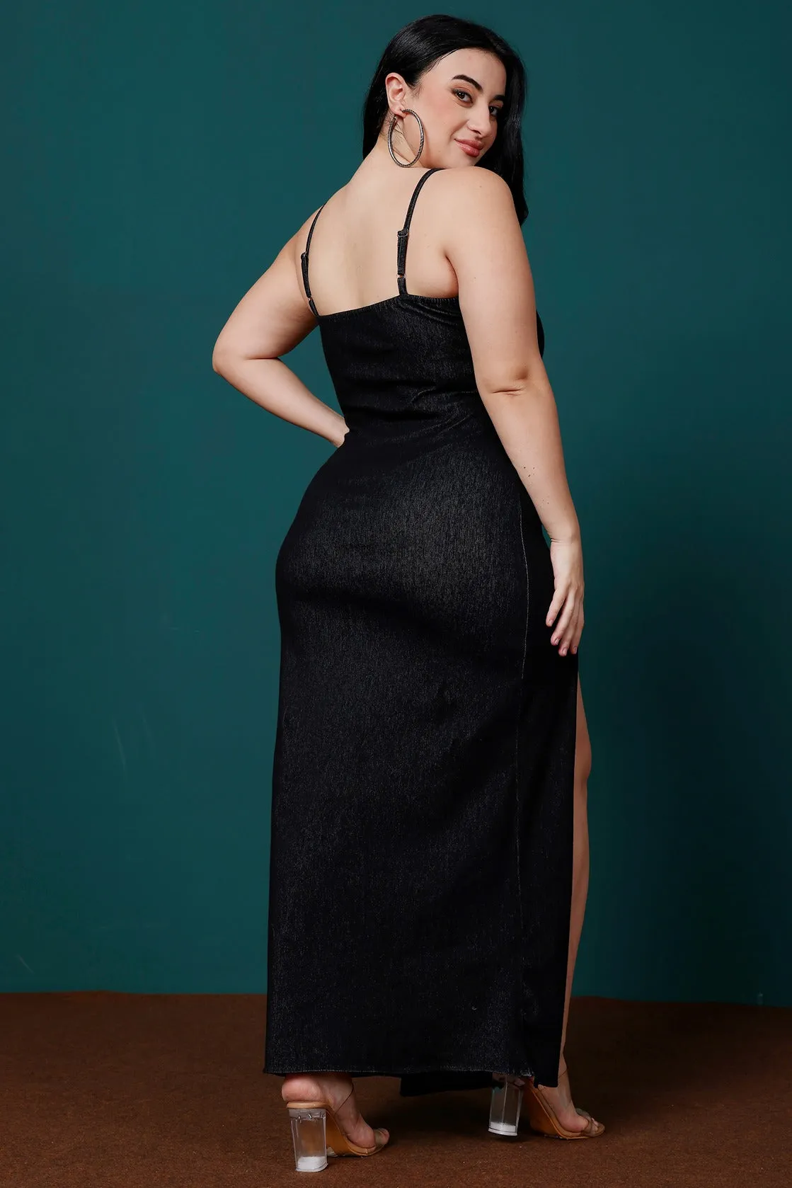 Black Solid Maxi Dress with Side Thigh Slit