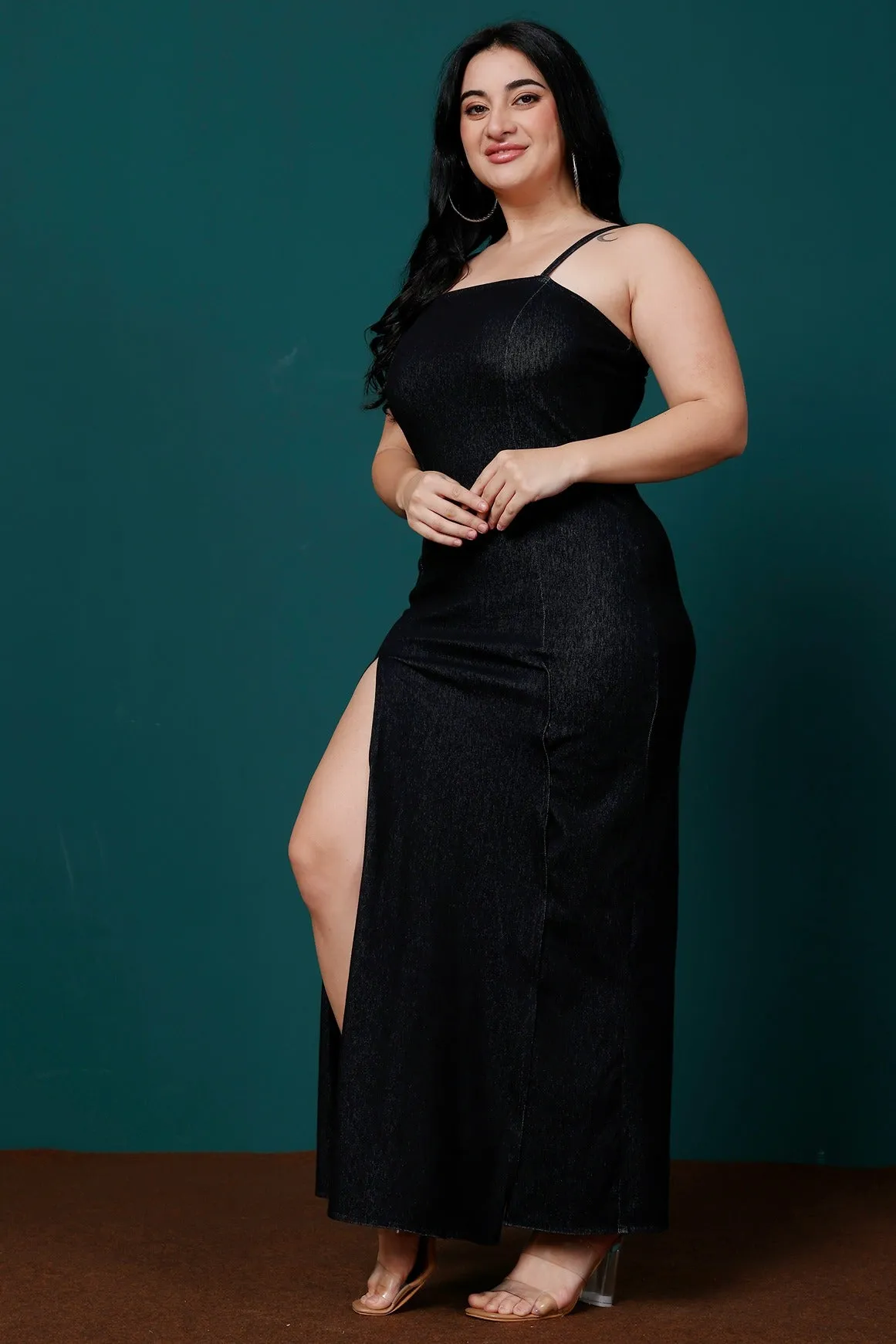 Black Solid Maxi Dress with Side Thigh Slit