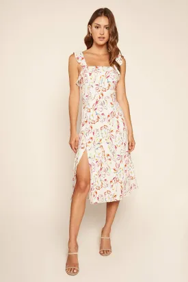 Carmen Ruffle Trim Midi Dress with Colored Floral Print by Sugarlips
