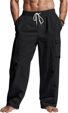 Casual Linen Cargo Pants for Men Summer Elastic Waist Pant with Pockets Relaxed Fit Beach Yoga Travel Lounge Trousers