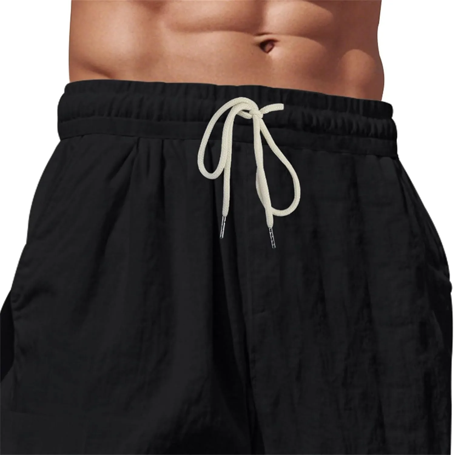 Casual Linen Cargo Pants for Men Summer Elastic Waist Pant with Pockets Relaxed Fit Beach Yoga Travel Lounge Trousers