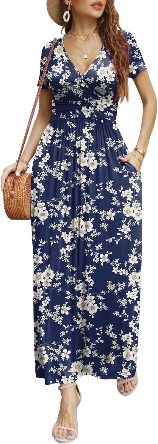 CATHY Women Short Sleeve Deep V-Neck Casual Long Dress Sexy Pleated Waist Maxi Dresses with Pockets