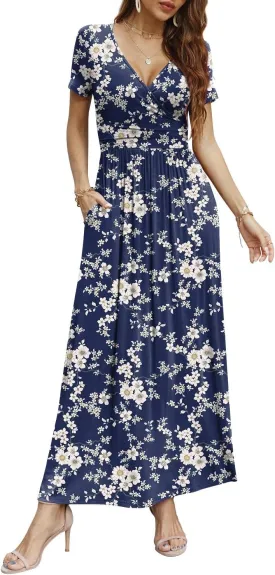 CATHY Women Short Sleeve Deep V-Neck Casual Long Dress Sexy Pleated Waist Maxi Dresses with Pockets