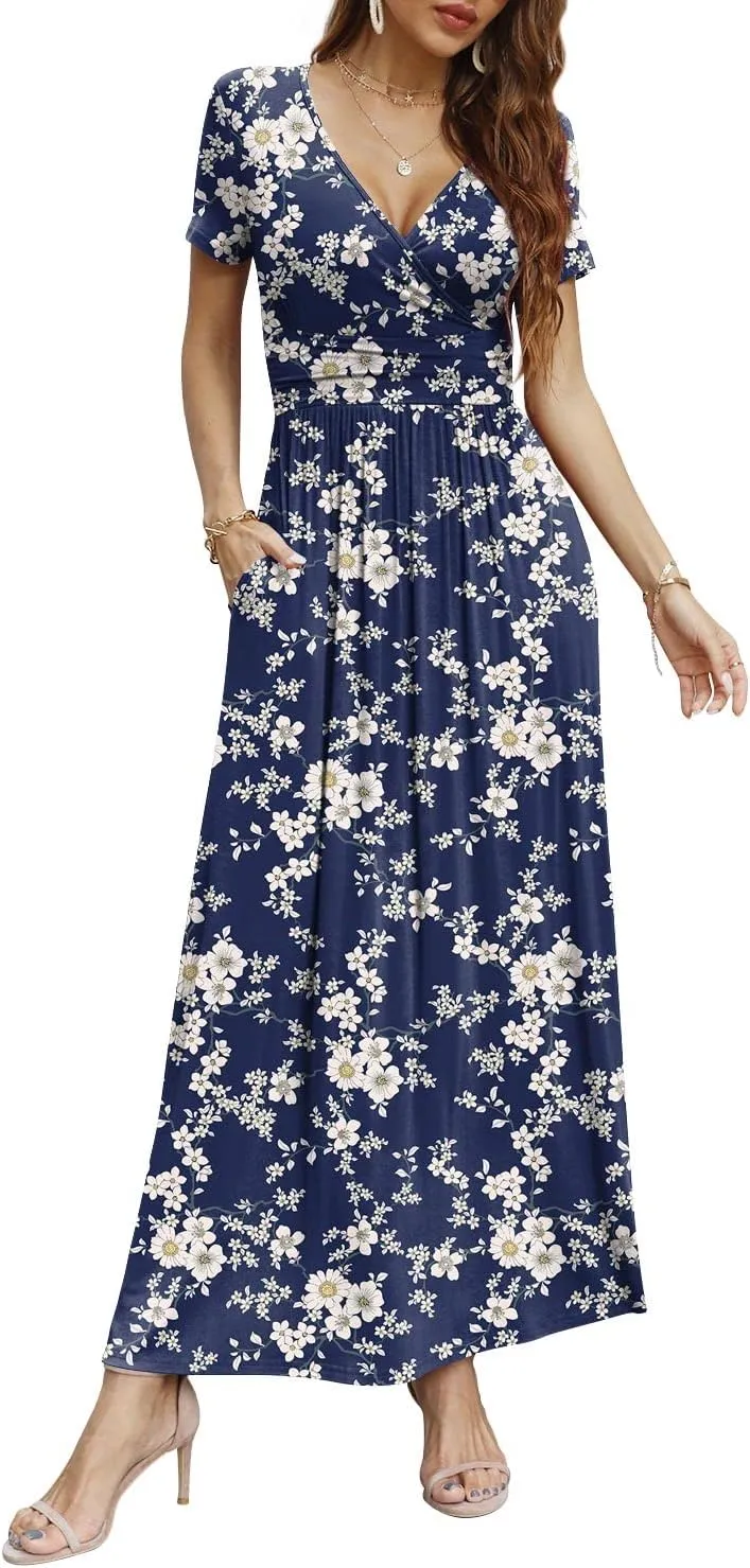 CATHY Women Short Sleeve Deep V-Neck Casual Long Dress Sexy Pleated Waist Maxi Dresses with Pockets