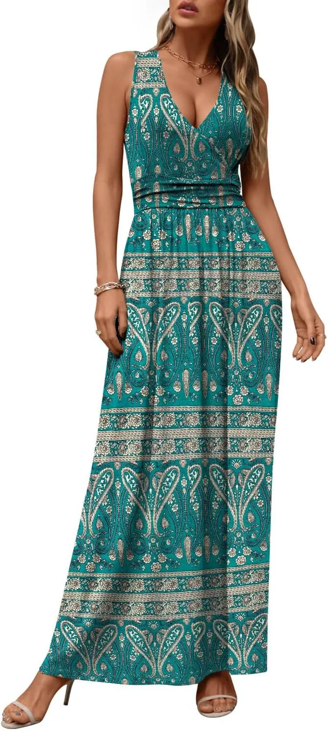 CATHY Women's Casual Sleeveless Deep V Neck Beach Waist Maxi Dresses with Pockets