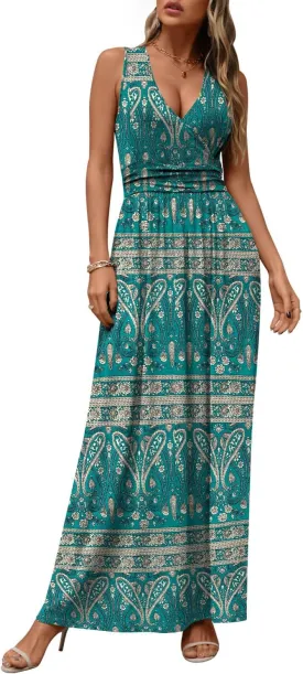 CATHY Women's Casual Sleeveless Deep V Neck Beach Waist Maxi Dresses with Pockets