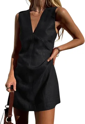 CHARTOU Women's Summer Sleeveless Mini Dress Cotton Linen V Neck Cinched A Line Slim Tank Short Dress