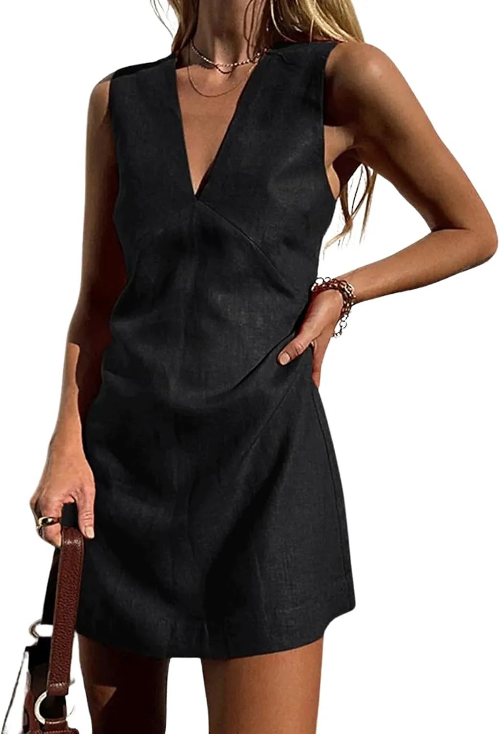 CHARTOU Women's Summer Sleeveless Mini Dress Cotton Linen V Neck Cinched A Line Slim Tank Short Dress