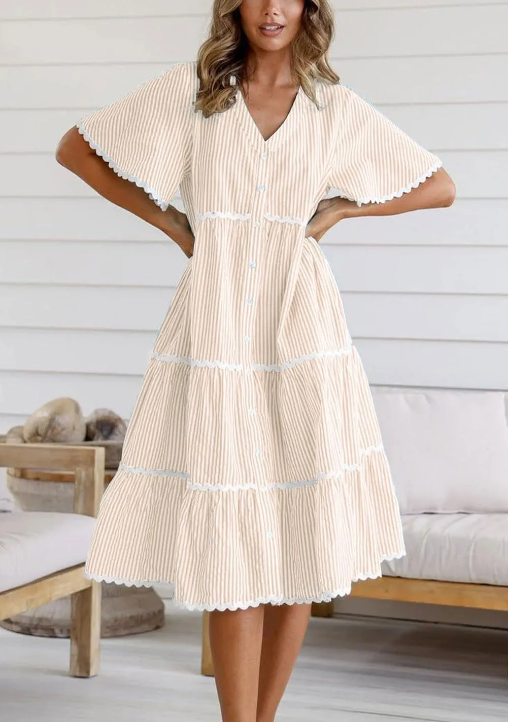 chouyatou Women Summer Boho RIC Rac Tiered Striped Midi Dress Button Down Flutter Sleeve Swing Shirt Dress