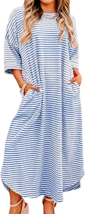 chouyatou Women's Contrast Color Striped T-Shirt Dress Casual Loose Short Sleeve Midi Long Beach Dress