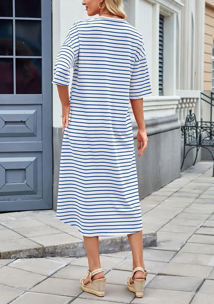 chouyatou Women's Contrast Color Striped T-Shirt Dress Casual Loose Short Sleeve Midi Long Beach Dress