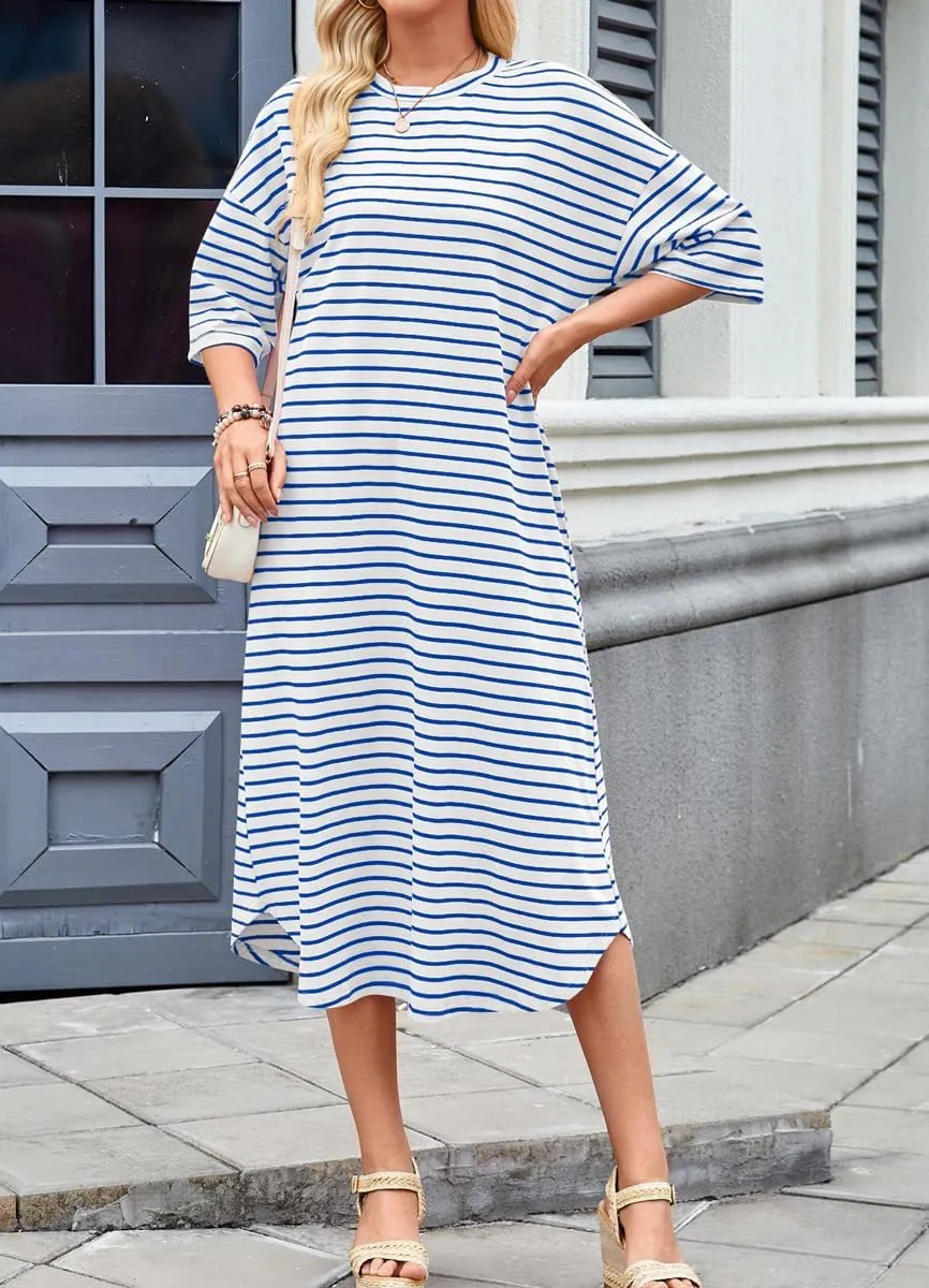 chouyatou Women's Contrast Color Striped T-Shirt Dress Casual Loose Short Sleeve Midi Long Beach Dress