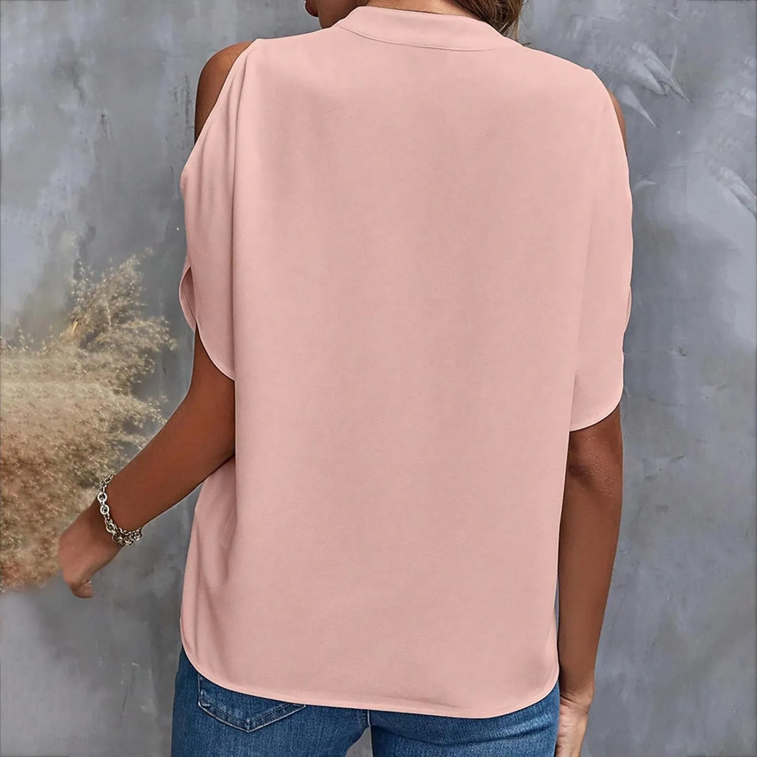 Cold Shoulder Tops for Women Summer Dressy Short Sleeve V Neck Cut Out Casual Shirt Loose Plain Open Blouse