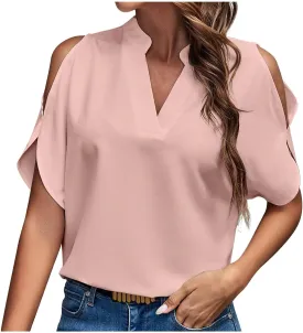 Cold Shoulder Tops for Women Summer Dressy Short Sleeve V Neck Cut Out Casual Shirt Loose Plain Open Blouse