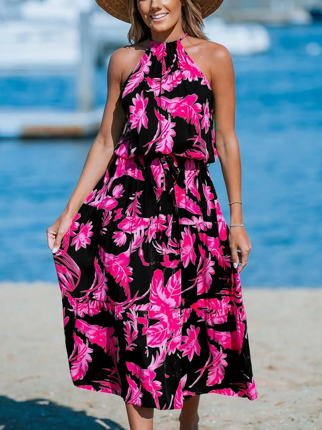 CUPSHE Women's Midi Dress Halter Floral Sleeveless Belted Ruffled A Line Casual Summer Dress
