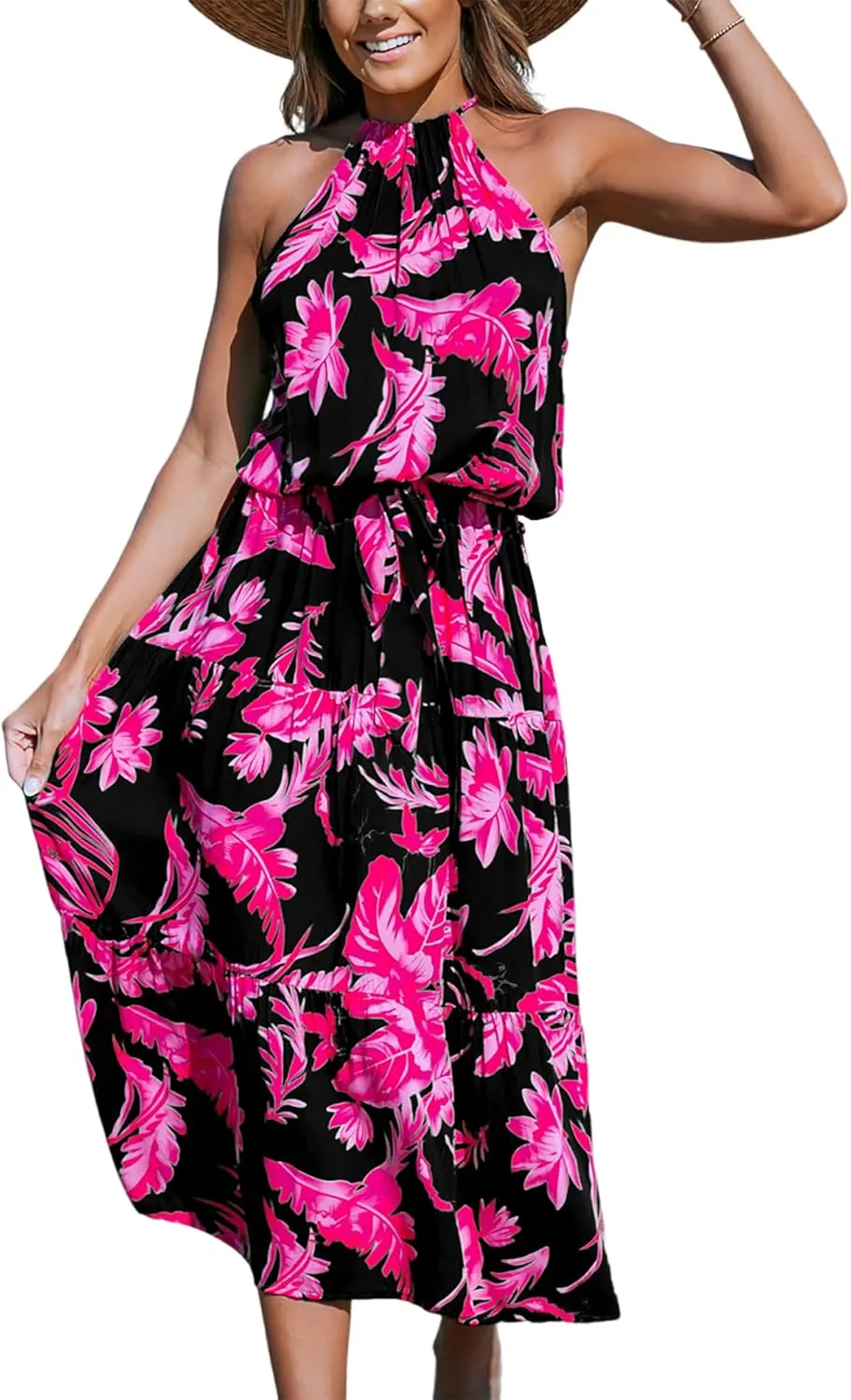 CUPSHE Women's Midi Dress Halter Floral Sleeveless Belted Ruffled A Line Casual Summer Dress
