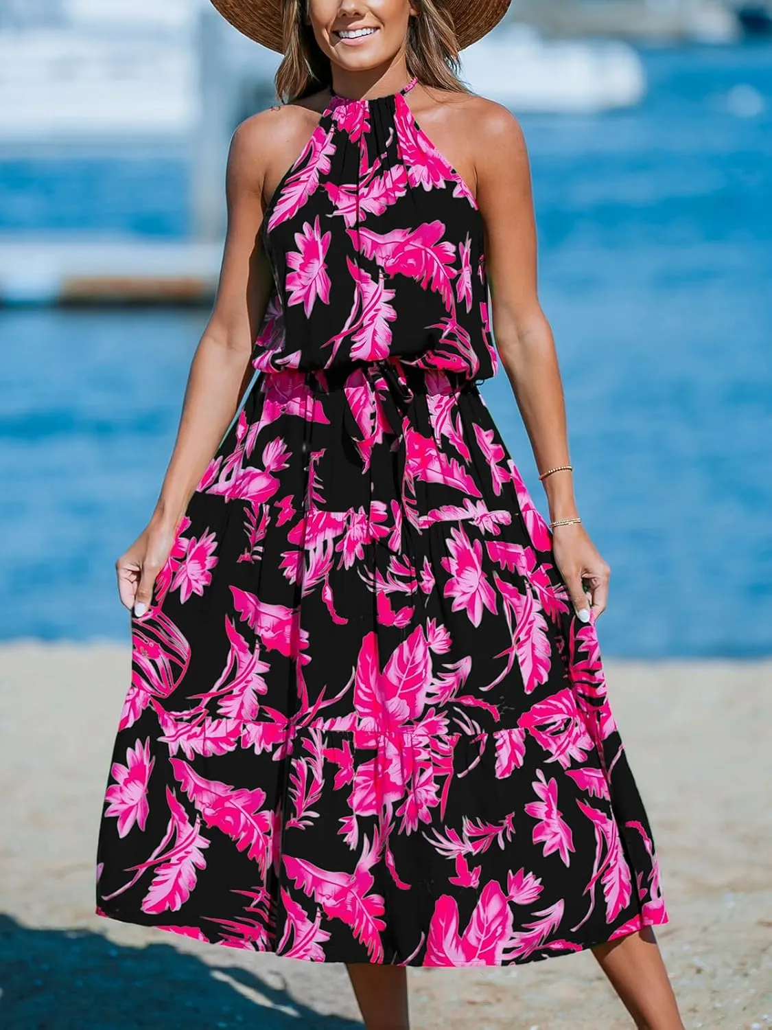 CUPSHE Women's Midi Dress Halter Floral Sleeveless Belted Ruffled A Line Casual Summer Dress
