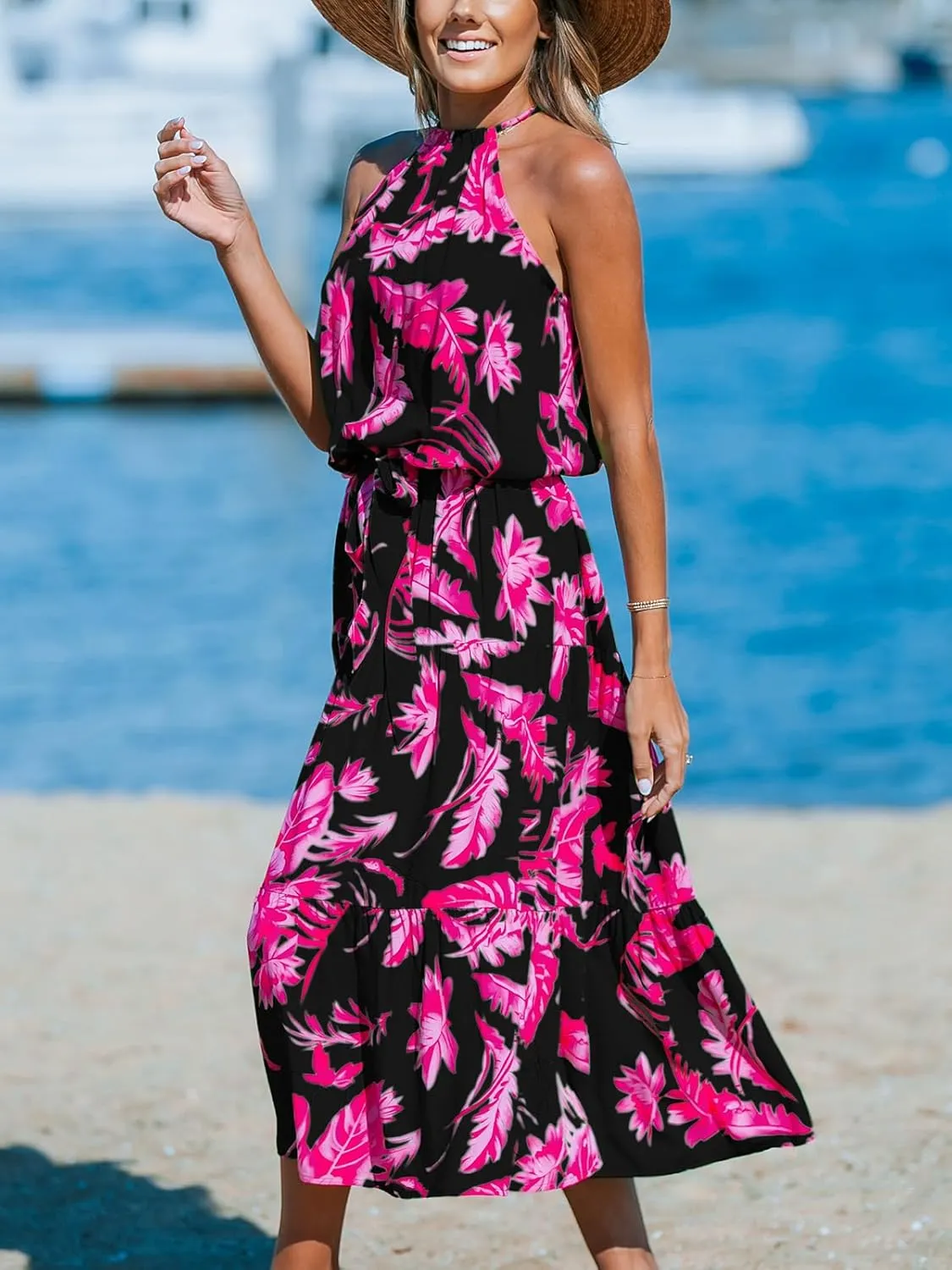 CUPSHE Women's Midi Dress Halter Floral Sleeveless Belted Ruffled A Line Casual Summer Dress
