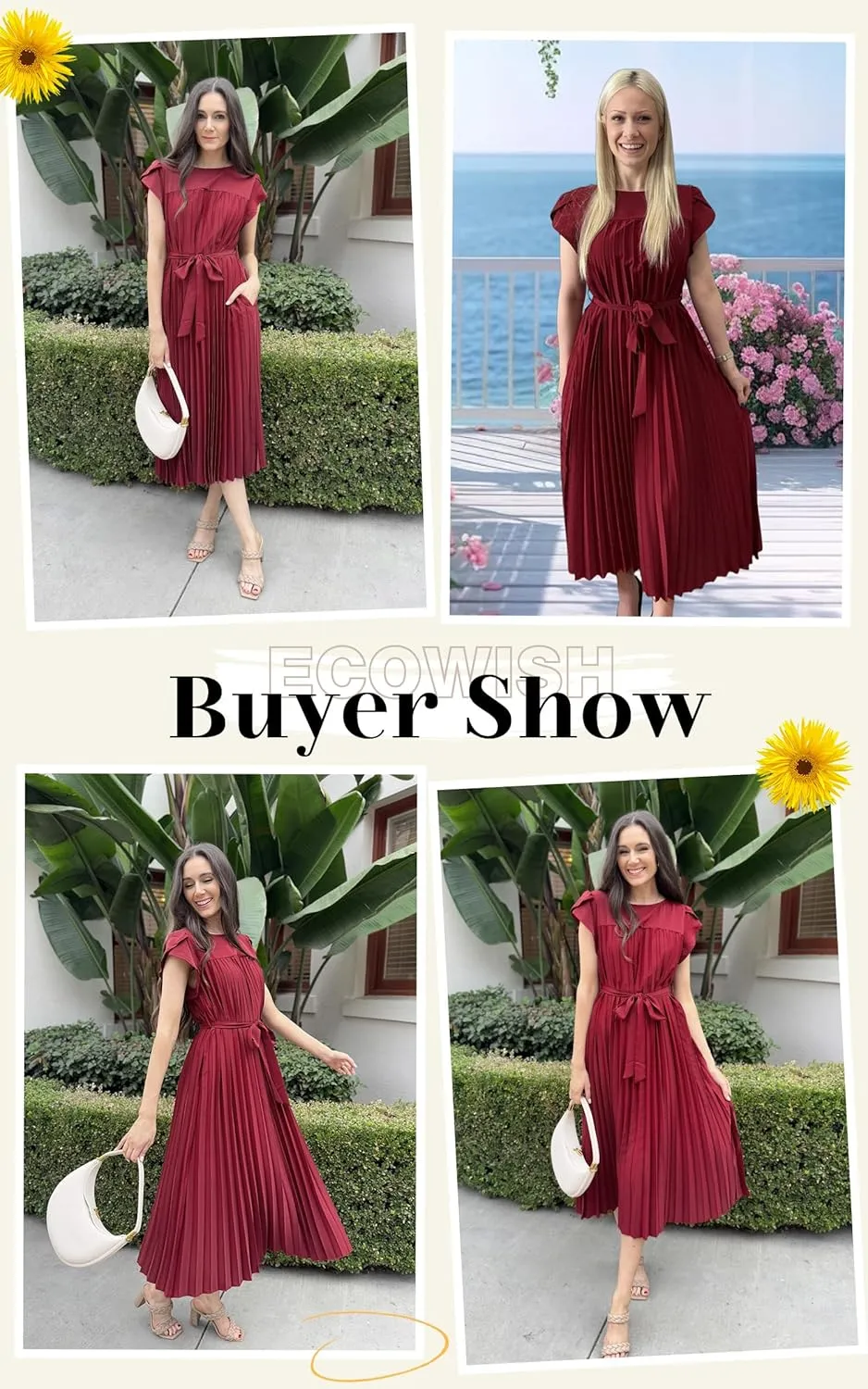 ECOWISH Women Summer Maxi Pleated Dress Casual Cap Sleeve Flowy Swing Loose Fit Midi Dresses Pocket Crew Neck Back Button