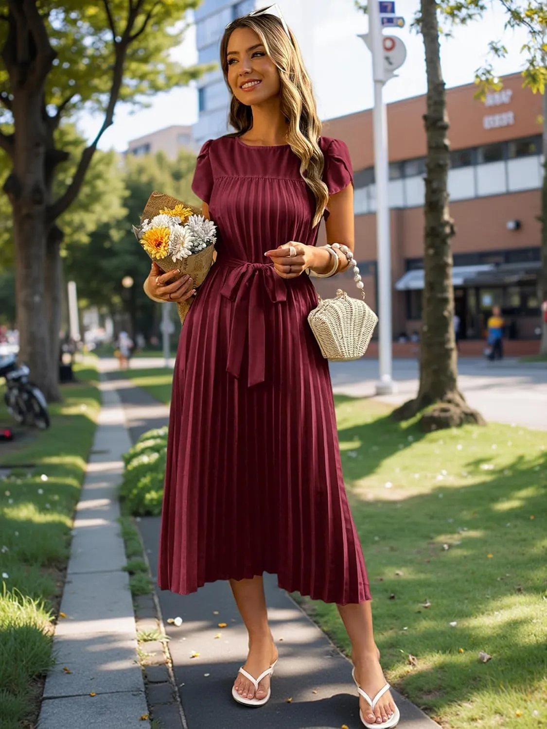 ECOWISH Women Summer Maxi Pleated Dress Casual Cap Sleeve Flowy Swing Loose Fit Midi Dresses Pocket Crew Neck Back Button