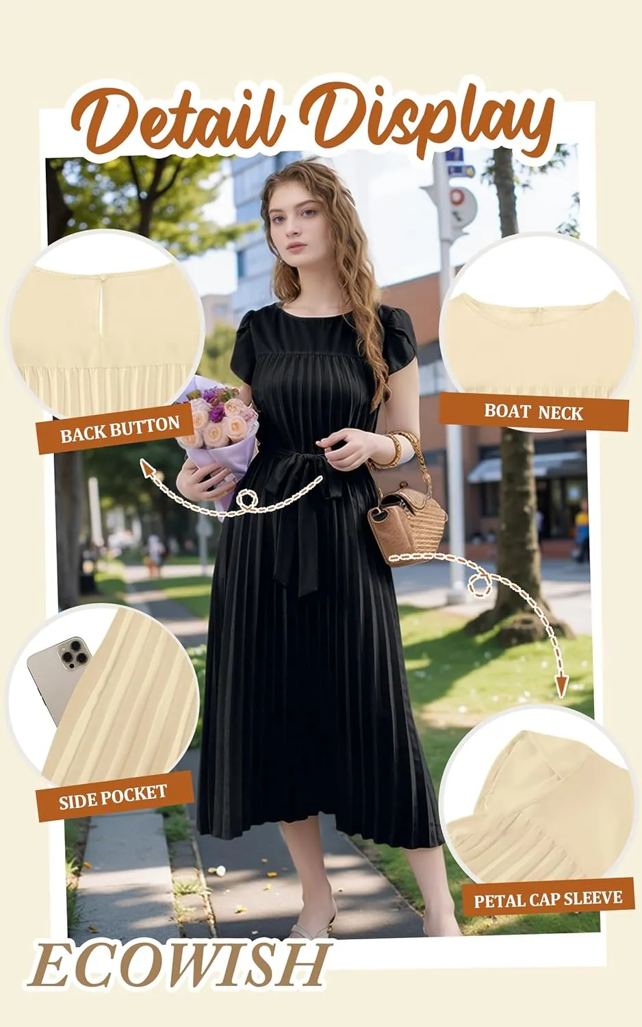 ECOWISH Women Summer Maxi Pleated Dress Casual Cap Sleeve Flowy Swing Loose Fit Midi Dresses Pocket Crew Neck Back Button