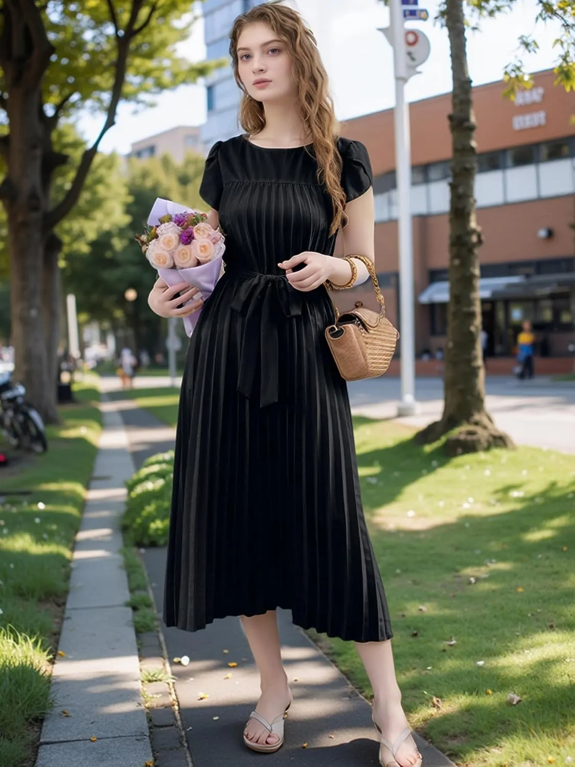 ECOWISH Women Summer Maxi Pleated Dress Casual Cap Sleeve Flowy Swing Loose Fit Midi Dresses Pocket Crew Neck Back Button