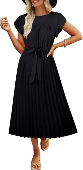 ECOWISH Women Summer Maxi Pleated Dress Casual Cap Sleeve Flowy Swing Loose Fit Midi Dresses Pocket Crew Neck Back Button