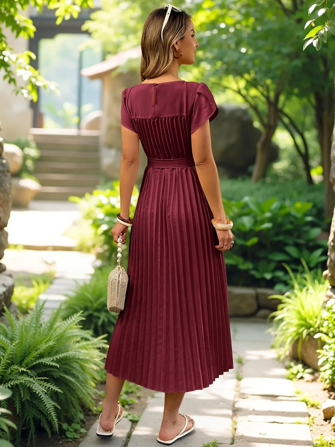 ECOWISH Women Summer Maxi Pleated Dress Casual Cap Sleeve Flowy Swing Loose Fit Midi Dresses Pocket Crew Neck Back Button