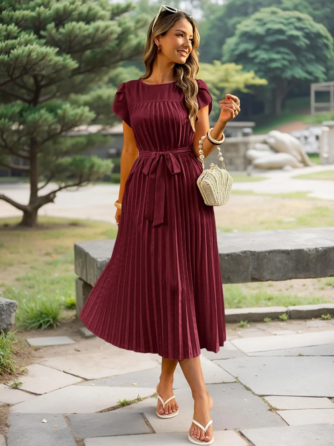 ECOWISH Women Summer Maxi Pleated Dress Casual Cap Sleeve Flowy Swing Loose Fit Midi Dresses Pocket Crew Neck Back Button