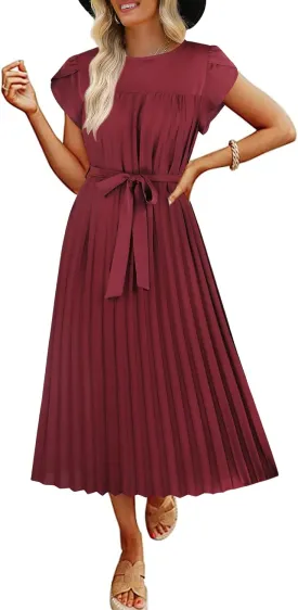 ECOWISH Women Summer Maxi Pleated Dress Casual Cap Sleeve Flowy Swing Loose Fit Midi Dresses Pocket Crew Neck Back Button