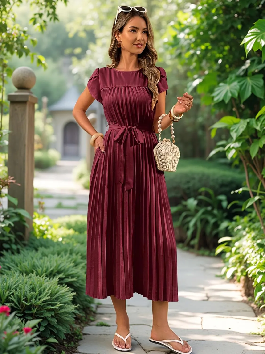 ECOWISH Women Summer Maxi Pleated Dress Casual Cap Sleeve Flowy Swing Loose Fit Midi Dresses Pocket Crew Neck Back Button